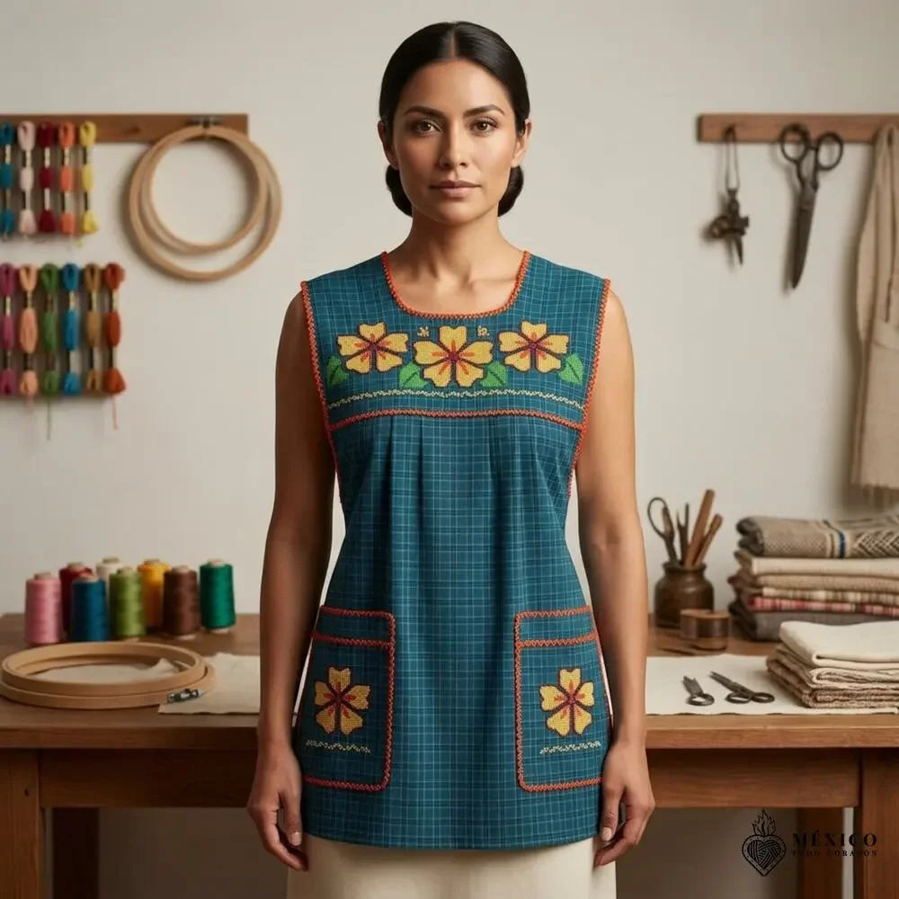 Traditional Mexican Cross-Stitch Embroidered Apron – Deluxe Artisan Smock Style